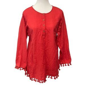 Embellish Cotton Minimalist Boho Pompom Red Coral Light Weight  Blouse ‎ Large